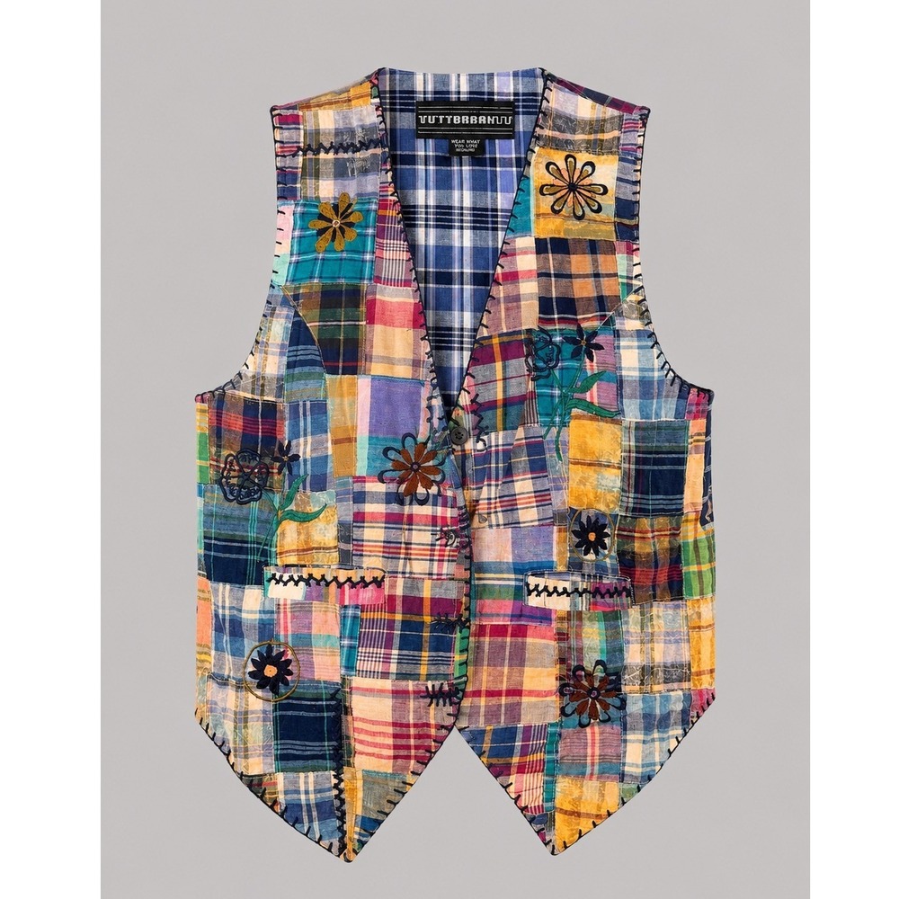 Vintage Urban UUU Patchwork Embroidered Vest Boho Plaid Festival Small